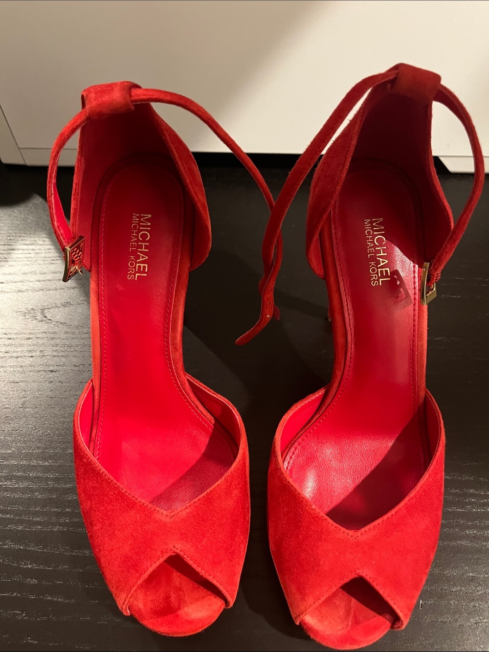 Michael Kors Red Suede Peep-Toe Ankle-Strap Heels